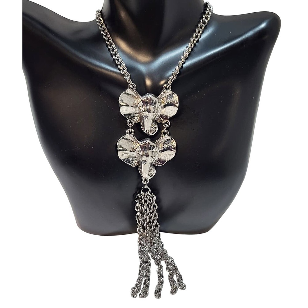 Double Elephant Head Pendant Opera Length Lariat Silver plate Necklace w Tassel - Picture 1 of 6